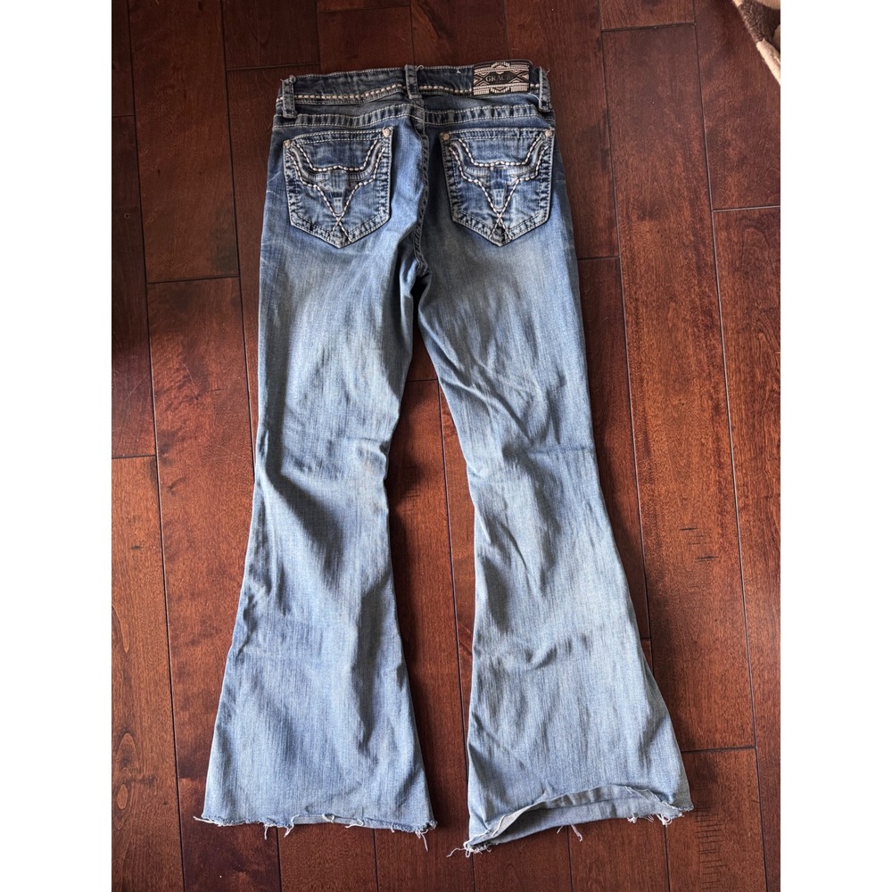 Grace in LA Women 27 Flare Jeans Medium Wash Embellished Raw Hem Western Rodeo - Picture 7 of 8
